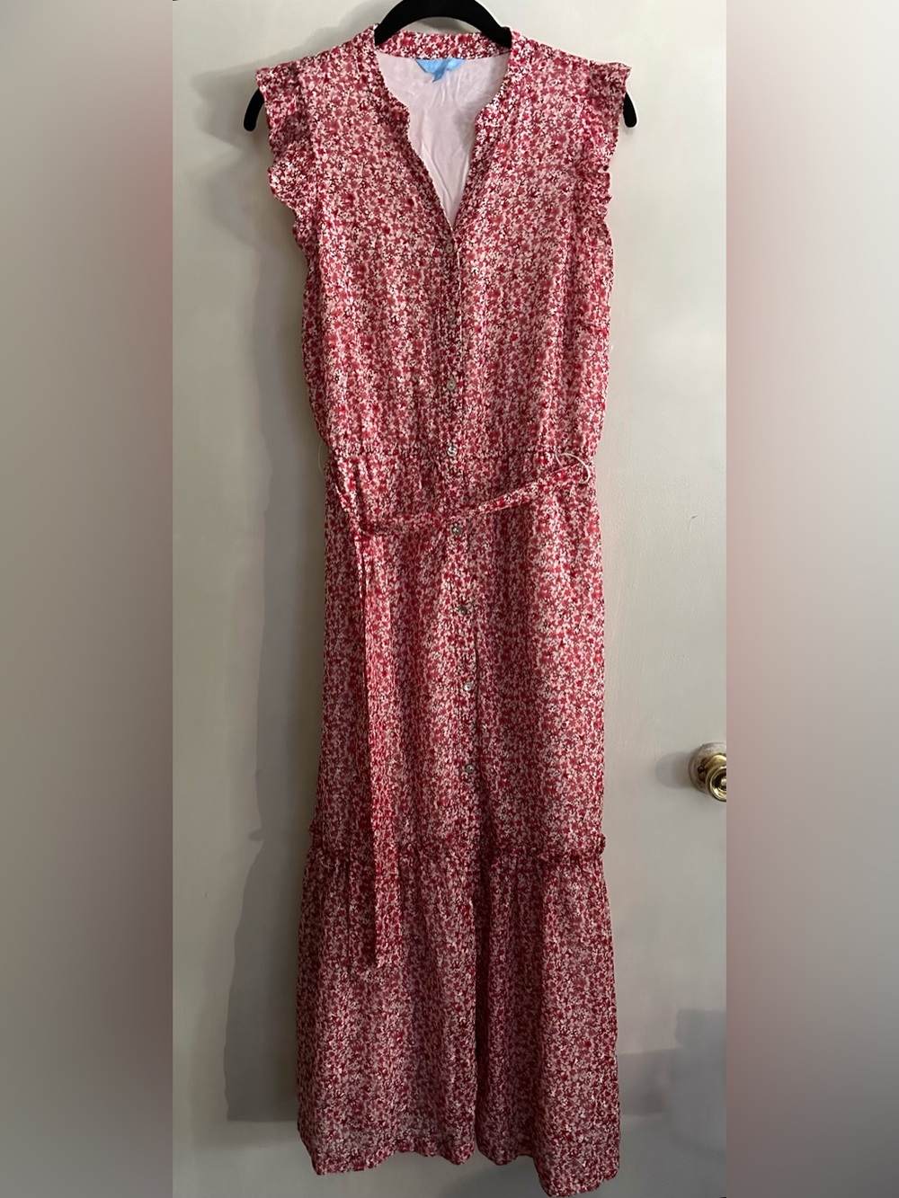 Draper James Floral Button Front Midi Maxi Dress M Pink Red Flutter Sleeve